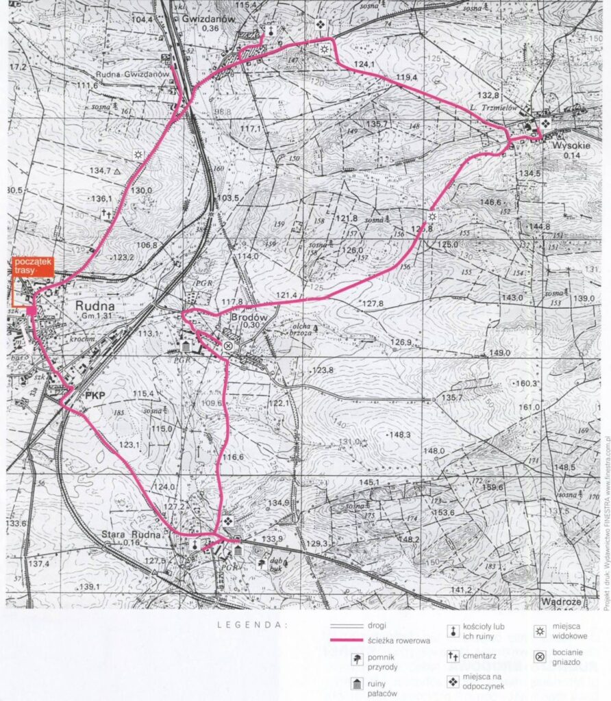 mapa trasy rowerowej szlakiem pałaców